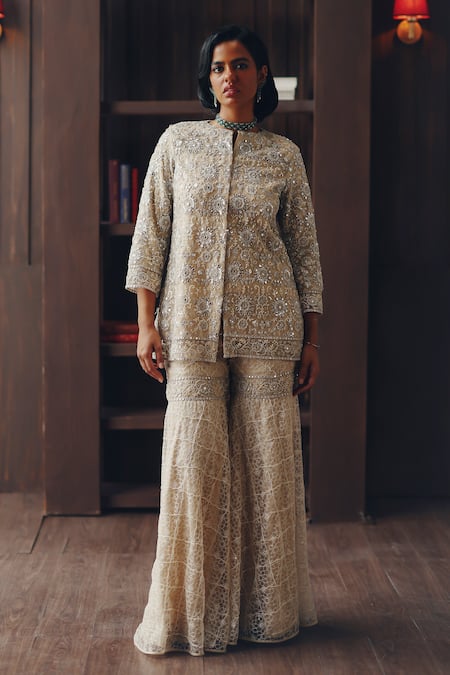 Buy Twenty Nine Beige Net Mirrors, Beads And Beadwork Tulle Sharara Online at Aza Fashions Buy_Twenty Nine_Beige Net Mirrors, Beads And Beadwork Tulle Sharara _Online_at_Aza_Fashions