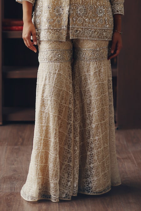 Shop Twenty Nine Beige Net Mirrors, Beads And Beadwork Tulle Sharara Online at Aza Fashions Shop_Twenty Nine_Beige Net Mirrors, Beads And Beadwork Tulle Sharara _Online_at_Aza_Fashions