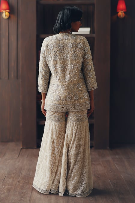 Shop Twenty Nine Beige Net Mirrors, Beads And Beadwork Tulle Sharara at Aza Fashions Shop_Twenty Nine_Beige Net Mirrors, Beads And Beadwork Tulle Sharara _at_Aza_Fashions