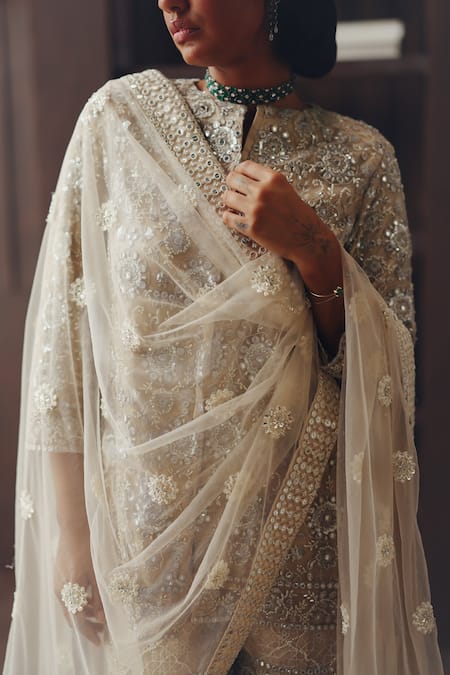 Twenty Nine Beige Net Embroidery, Sequins Asymmetrical Triangle Dupatta 