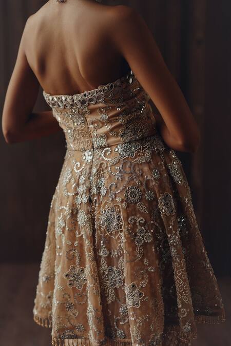 Twenty Nine_Peach Net, Tulle Embroidery, Mirrors, Mirrorwork And Beadwork Off Peplum Top _Online_at_Aza_Fashions