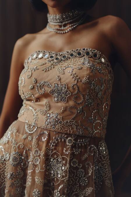 Buy_Twenty Nine_Peach Net, Tulle Embroidery, Mirrors, Mirrorwork And Beadwork Off Peplum Top _Online_at_Aza_Fashions