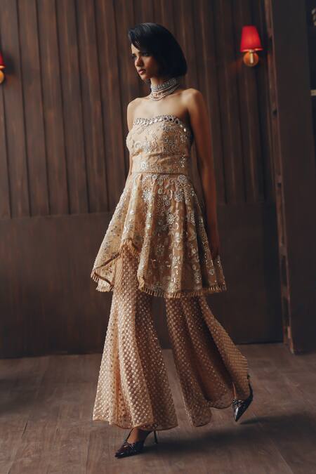 Twenty Nine Peach Net Mirrors, Beads Mirrorwork Beadwork Bootcut Pant Online at Aza Fashions Twenty Nine_Peach Net Mirrors, Beads Mirrorwork Beadwork Bootcut Pant _Online_at_Aza_Fashions