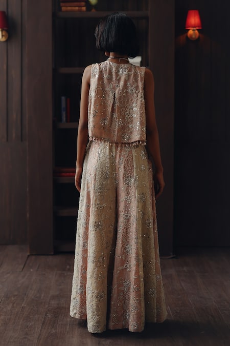 Shop Twenty Nine Blush Tissue Embroidery, Sequins, Beads Open Neck Asymmetric Sleeveless Jacket at Aza Fashions Shop_Twenty Nine_Blush Tissue Embroidery, Sequins, Beads Open Neck Asymmetric Sleeveless Jacket _at_Aza_Fashions