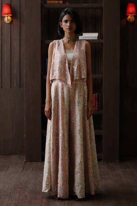 Twenty Nine Blush Tissue Embroidery, Sequins, Beads Open Neck Asymmetric Sleeveless Jacket at Aza Fashions Twenty Nine_Blush Tissue Embroidery, Sequins, Beads Open Neck Asymmetric Sleeveless Jacket _at_Aza_Fashions