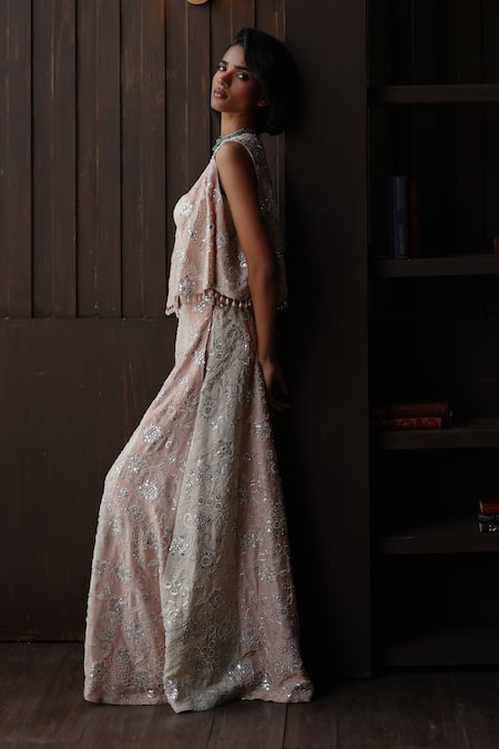 Buy Twenty Nine Blush Tissue Embroidery, Sequins, Beads Open Neck Asymmetric Sleeveless Jacket Buy_Twenty Nine_Blush Tissue Embroidery, Sequins, Beads Open Neck Asymmetric Sleeveless Jacket