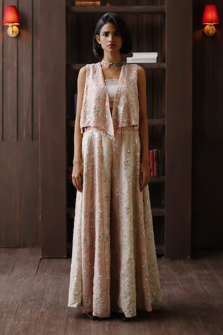 Twenty Nine_Blush Tissue Mirrors, Beads, Embroidery Panelled Embellished Dual Tulle Palazzo _Online_at_Aza_Fashions