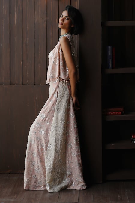 Buy_Twenty Nine_Blush Tissue Mirrors, Beads, Embroidery Panelled Embellished Dual Tulle Palazzo _Online_at_Aza_Fashions