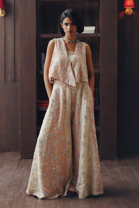 Twenty Nine_Blush Tissue Mirrors, Beads, Embroidery Panelled Embellished Dual Tulle Palazzo _at_Aza_Fashions