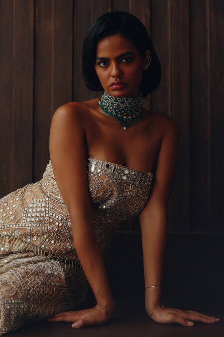 Twenty Nine Gold Net Embroidery, Mirrors, Beads Bandeau Neck Off Shoulder Corset Top Online at Aza Fashions Twenty Nine_Gold Net Embroidery, Mirrors, Beads Bandeau Neck Off Shoulder Corset Top _Online_at_Aza_Fashions