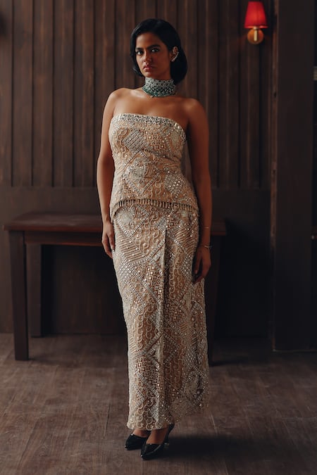 Twenty Nine Gold Net Embroidery, Mirrors, Beads Bandeau Neck Off Shoulder Corset Top 