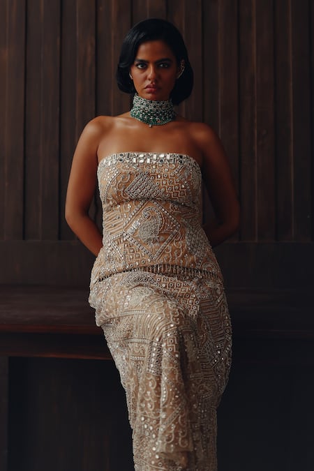Twenty Nine Gold Net Embroidery, Mirrors, Beads Bandeau Neck Off Shoulder Corset Top at Aza Fashions Twenty Nine_Gold Net Embroidery, Mirrors, Beads Bandeau Neck Off Shoulder Corset Top _at_Aza_Fashions