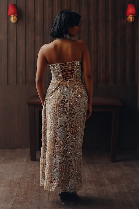 Shop Twenty Nine Gold Net Embroidery, Mirrors, Beads Bandeau Neck Off Shoulder Corset Top at Aza Fashions Shop_Twenty Nine_Gold Net Embroidery, Mirrors, Beads Bandeau Neck Off Shoulder Corset Top _at_Aza_Fashions