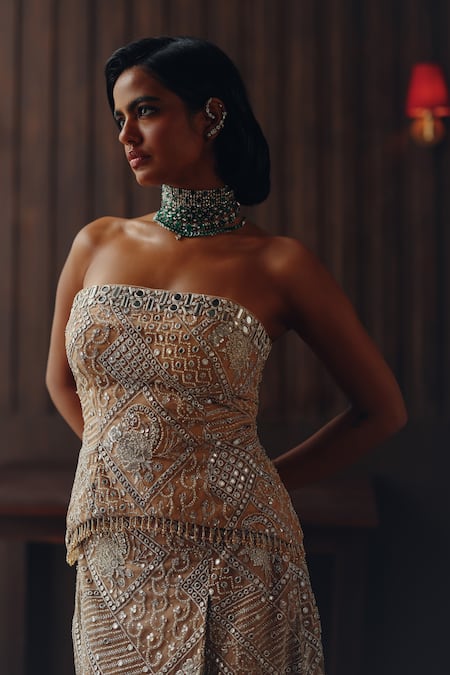 Buy Twenty Nine Gold Net Embroidery, Mirrors, Beads Bandeau Neck Off Shoulder Corset Top Buy_Twenty Nine_Gold Net Embroidery, Mirrors, Beads Bandeau Neck Off Shoulder Corset Top