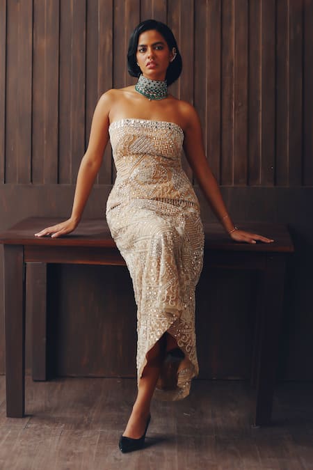 Twenty Nine Gold Net Mirrors, Beads Box Pleat And Beadwork Skirt Online at Aza Fashions Twenty Nine_Gold Net Mirrors, Beads Box Pleat And Beadwork Skirt _Online_at_Aza_Fashions