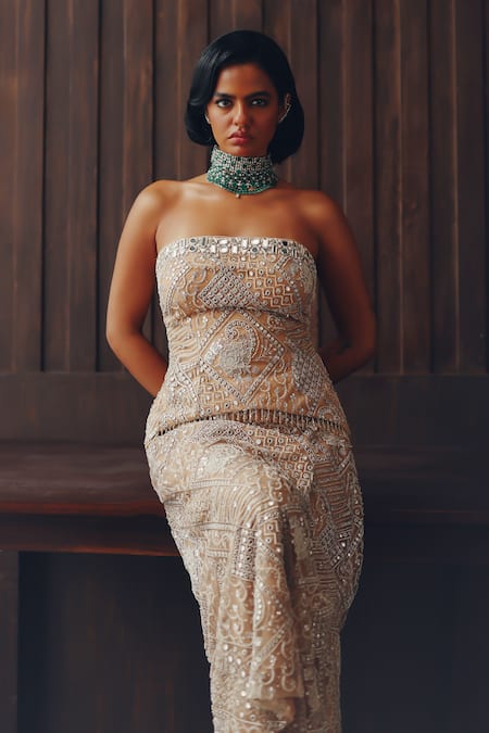 Buy Twenty Nine Gold Net Mirrors, Beads Box Pleat And Beadwork Skirt Online at Aza Fashions Buy_Twenty Nine_Gold Net Mirrors, Beads Box Pleat And Beadwork Skirt _Online_at_Aza_Fashions