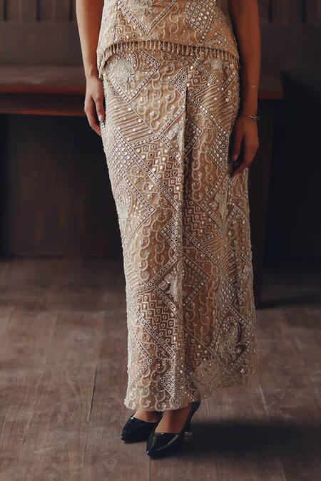 Shop Twenty Nine Gold Net Mirrors, Beads Box Pleat And Beadwork Skirt Online at Aza Fashions Shop_Twenty Nine_Gold Net Mirrors, Beads Box Pleat And Beadwork Skirt _Online_at_Aza_Fashions
