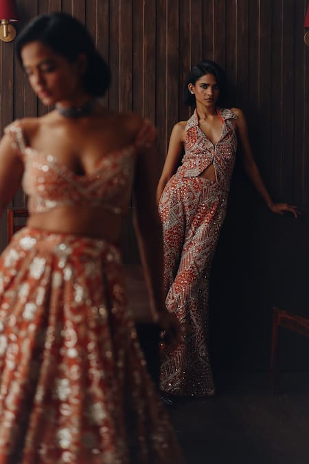 Twenty Nine Rust Net Embroidery, Mirrors, Beads Collared Backless Waist Coat Online at Aza Fashions Twenty Nine_Rust Net Embroidery, Mirrors, Beads Collared Backless Waist Coat _Online_at_Aza_Fashions