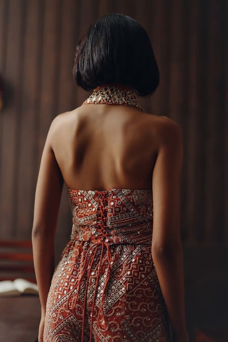 Buy Twenty Nine Rust Net Embroidery, Mirrors, Beads Collared Backless Waist Coat Online at Aza Fashions Buy_Twenty Nine_Rust Net Embroidery, Mirrors, Beads Collared Backless Waist Coat _Online_at_Aza_Fashions