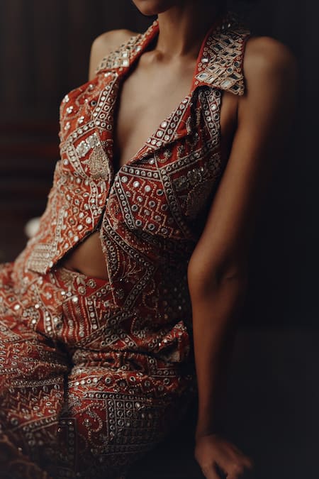 Shop Twenty Nine Rust Net Embroidery, Mirrors, Beads Collared Backless Waist Coat Online at Aza Fashions Shop_Twenty Nine_Rust Net Embroidery, Mirrors, Beads Collared Backless Waist Coat _Online_at_Aza_Fashions
