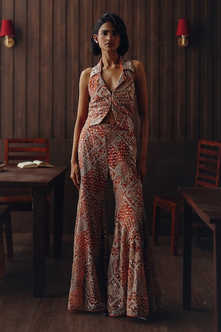 Twenty Nine Rust Net Embroidery, Mirrors, Beads Collared Backless Waist Coat 