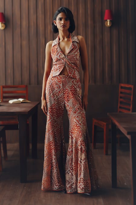 Twenty Nine Mirrorwork Beadwork Tulle Bootcut Pant 