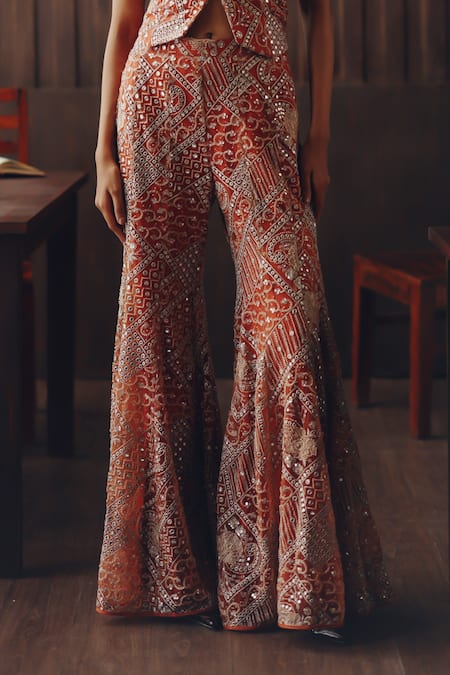 Twenty Nine_Rust Net Mirrors, Beads, Embroidery Mirrorwork Beadwork Tulle Bootcut Pant _Online_at_Aza_Fashions