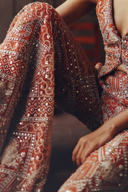 Buy_Twenty Nine_Rust Net Mirrors, Beads, Embroidery Mirrorwork Beadwork Tulle Bootcut Pant _Online_at_Aza_Fashions