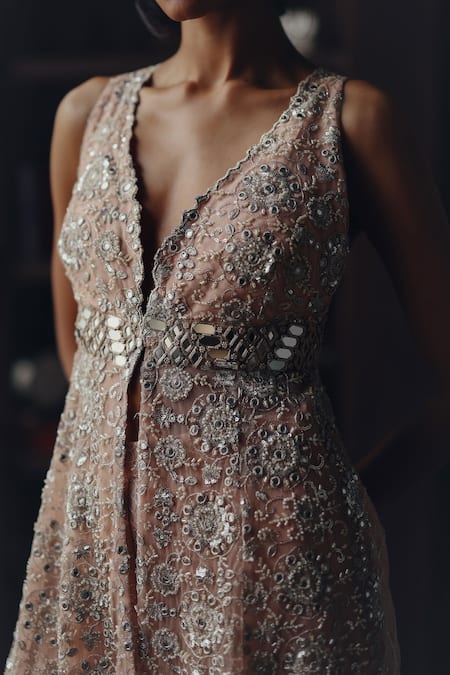 Twenty Nine Blush Net Embroidery, Mirrors, Beads V-neck Mirrorwork Sleeveless Long Jacket Online at Aza Fashions Twenty Nine_Blush Net Embroidery, Mirrors, Beads V-neck Mirrorwork Sleeveless Long Jacket _Online_at_Aza_Fashions