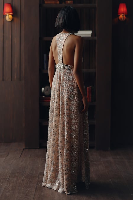 Shop Twenty Nine Blush Net Embroidery, Mirrors, Beads V-neck Mirrorwork Sleeveless Long Jacket at Aza Fashions Shop_Twenty Nine_Blush Net Embroidery, Mirrors, Beads V-neck Mirrorwork Sleeveless Long Jacket _at_Aza_Fashions