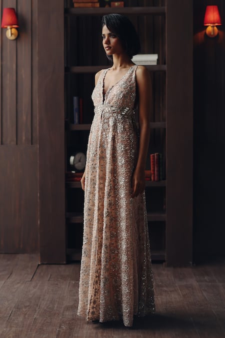 Shop Twenty Nine Blush Net Embroidery, Mirrors, Beads V-neck Mirrorwork Sleeveless Long Jacket Online at Aza Fashions Shop_Twenty Nine_Blush Net Embroidery, Mirrors, Beads V-neck Mirrorwork Sleeveless Long Jacket _Online_at_Aza_Fashions