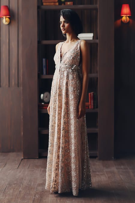 Shop Twenty Nine Blush Tulle Mirrors, Beads V-neck Mirrorwork Beadwork Palazzo Online at Aza Fashions Shop_Twenty Nine_Blush Tulle Mirrors, Beads V-neck Mirrorwork Beadwork Palazzo _Online_at_Aza_Fashions