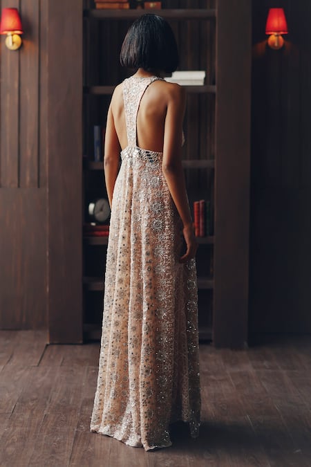 Shop Twenty Nine Blush Tulle Mirrors, Beads V-neck Mirrorwork Beadwork Palazzo at Aza Fashions Shop_Twenty Nine_Blush Tulle Mirrors, Beads V-neck Mirrorwork Beadwork Palazzo _at_Aza_Fashions