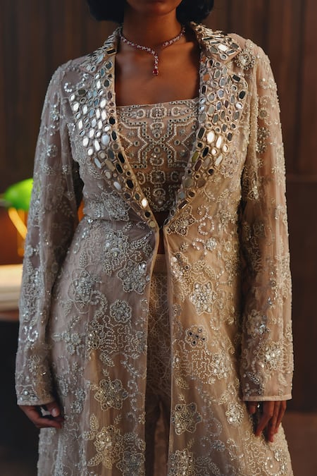 Shop Twenty Nine Blush Net Mirrors, Beads, Embroidery Mirrorwork Beadwork Long Blazer Online at Aza Fashions Shop_Twenty Nine_Blush Net Mirrors, Beads, Embroidery Mirrorwork Beadwork Long Blazer _Online_at_Aza_Fashions