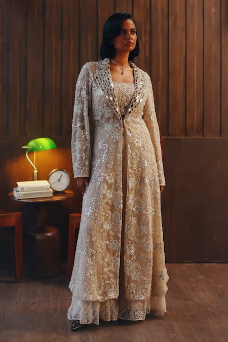 Twenty Nine Blush Net Mirrors, Beads Mirrorwork Beadwork Tulle Bootcut Pant