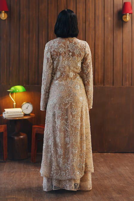 Shop Twenty Nine Blush Net Mirrors, Beads Mirrorwork Beadwork Tulle Bootcut Pant at Aza Fashions Shop_Twenty Nine_Blush Net Mirrors, Beads Mirrorwork Beadwork Tulle Bootcut Pant _at_Aza_Fashions