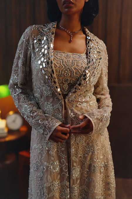 Buy_Twenty Nine_Blush Net Mirrors, Beads Bandeau Neck Mirrorwork Beadwork _Online_at_Aza_Fashions