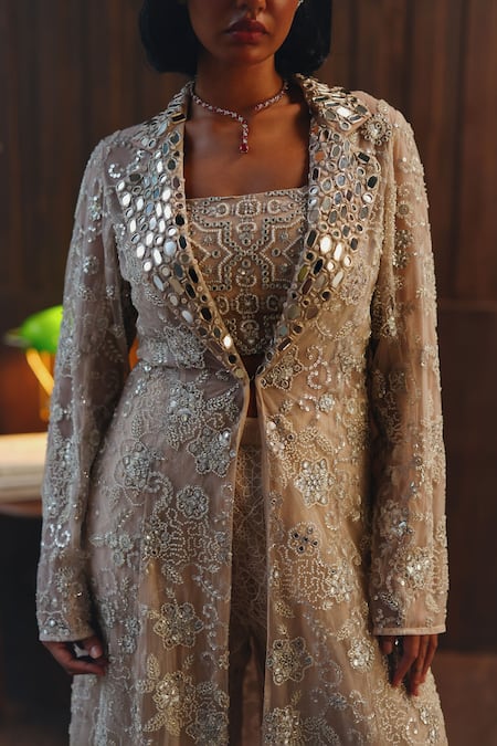 Shop_Twenty Nine_Blush Net Mirrors, Beads Bandeau Neck Mirrorwork Beadwork _Online_at_Aza_Fashions