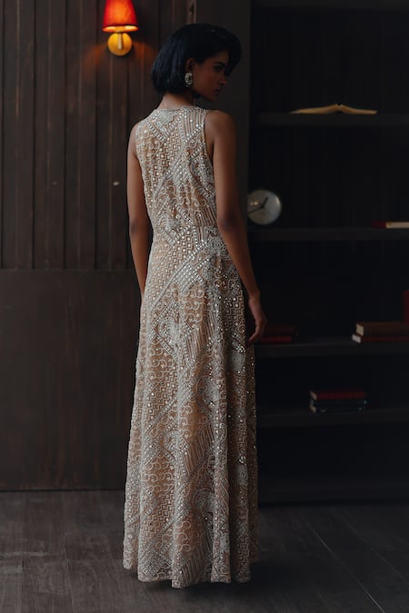 Shop Twenty Nine Gold Net Mirrors, Beads V-neck Mirrorwork Beadwork Tulle Long Jacket at Aza Fashions Shop_Twenty Nine_Gold Net Mirrors, Beads V-neck Mirrorwork Beadwork Tulle Long Jacket _at_Aza_Fashions