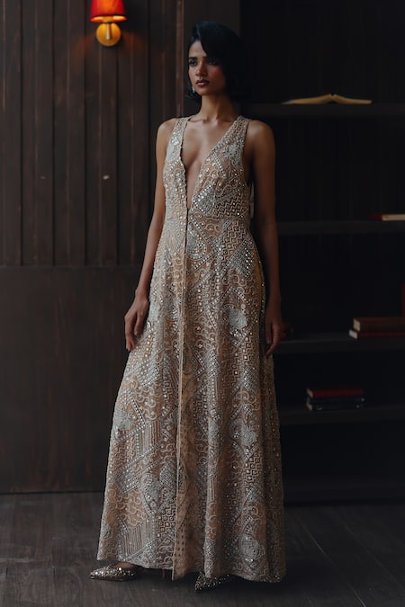 Twenty Nine Gold Net Mirrors, Beads V-neck Mirrorwork Beadwork Tulle Long Jacket Online at Aza Fashions Twenty Nine_Gold Net Mirrors, Beads V-neck Mirrorwork Beadwork Tulle Long Jacket _Online_at_Aza_Fashions