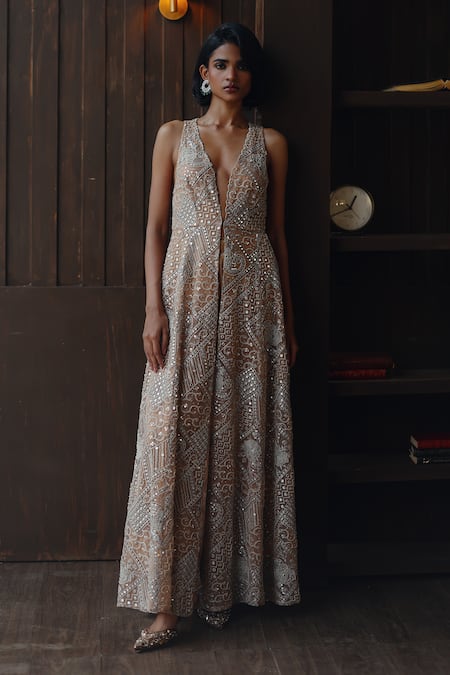 Twenty Nine Gold Net Mirrors, Beads V-neck Mirrorwork Beadwork Tulle Long Jacket