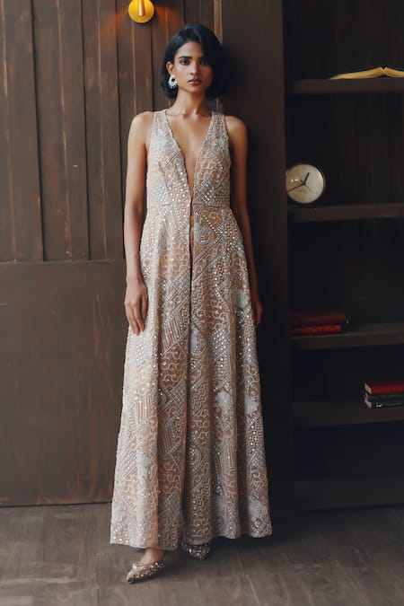 Twenty Nine Gold Net Mirrors, Beads V-neck Shimmer Lycra Palazzo 