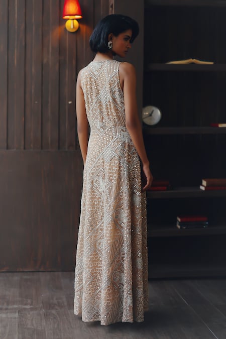 Shop Twenty Nine Gold Net Mirrors, Beads V-neck Shimmer Lycra Palazzo at Aza Fashions Shop_Twenty Nine_Gold Net Mirrors, Beads V-neck Shimmer Lycra Palazzo _at_Aza_Fashions