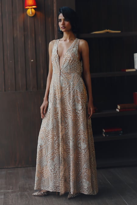 Twenty Nine Gold Net Mirrors, Beads V-neck Shimmer Lycra Palazzo Online at Aza Fashions Twenty Nine_Gold Net Mirrors, Beads V-neck Shimmer Lycra Palazzo _Online_at_Aza_Fashions