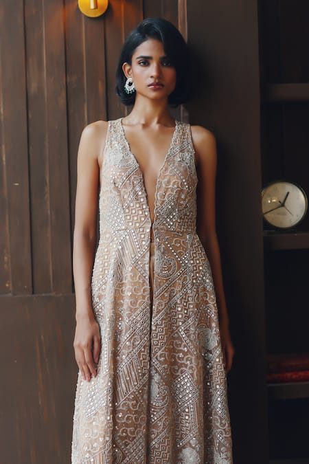 Buy Twenty Nine Gold Net Mirrors, Beads V-neck Shimmer Lycra Palazzo Online at Aza Fashions Buy_Twenty Nine_Gold Net Mirrors, Beads V-neck Shimmer Lycra Palazzo _Online_at_Aza_Fashions