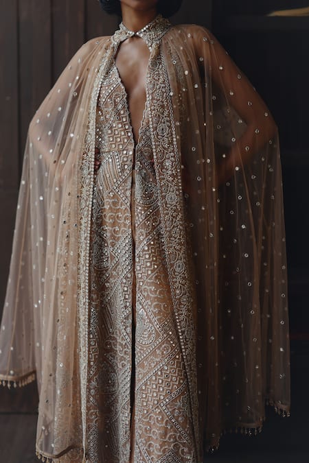 Buy_Twenty Nine_Gold High Neck Tulle Mirrorwork Beadwork Shoulder Cape _Online_at_Aza_Fashions