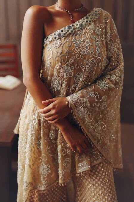 Shop_Twenty Nine_Beige One Shoulder Mirrorwork And Beadwork Cape _Online_at_Aza_Fashions