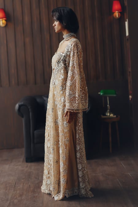 Twenty Nine_Gold Net Embroidery, Mirrors, Beads V-neck Hand Kaftan _Online_at_Aza_Fashions
