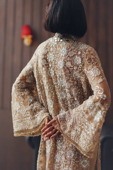 Shop_Twenty Nine_Gold Net Embroidery, Mirrors, Beads V-neck Hand Kaftan _Online_at_Aza_Fashions