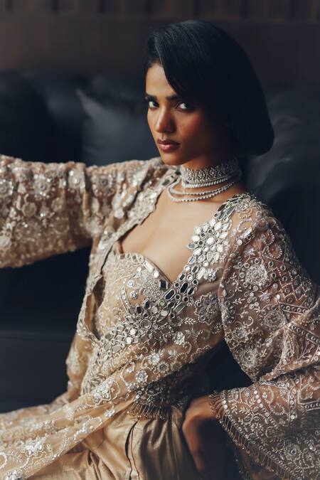 Buy_Twenty Nine_Gold Net Embroidery, Mirrors, Beads V-neck Hand Kaftan 